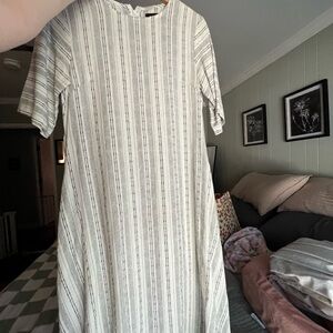 Roolee Cream A-Line Dress with Mock Neck and Short Sleeves